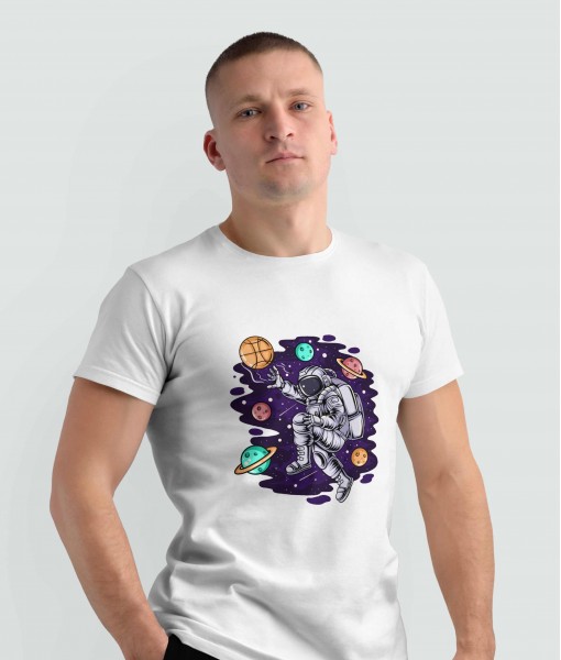 Мъжка тениска с щампа Спортни Илюстрации Basketball astronaut and planets